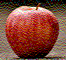 A low resolution image of a red, ripe apple that has had dithering applied to it